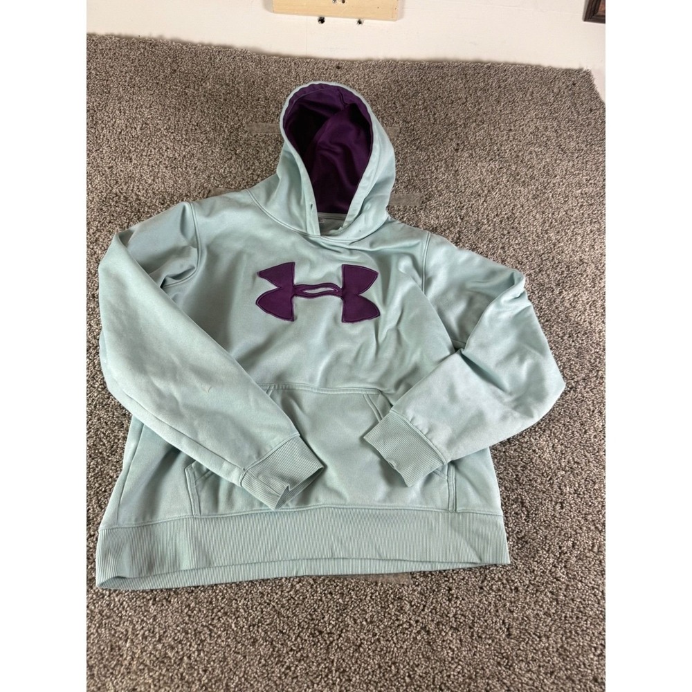 Under Armour Kids Mint Green Purple Big Logo Fleece Hoodie Sweatshirt Size MD